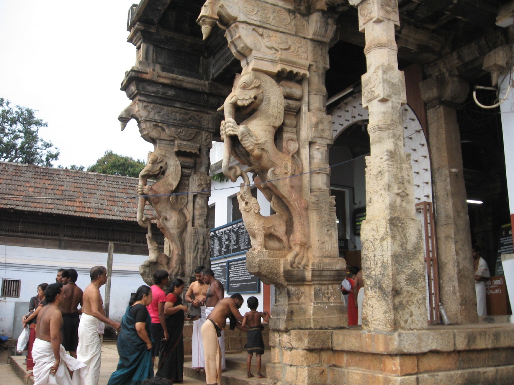 Carved stone pillars at Padmanabhaswamy temple, Thiruvananthapuram